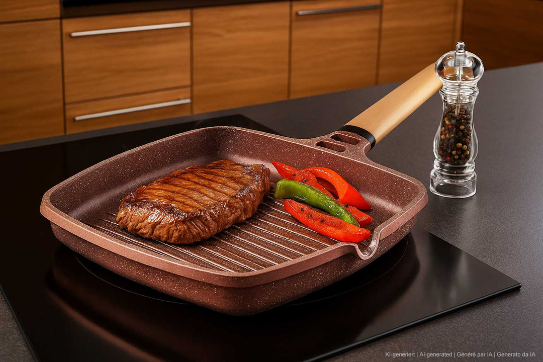 CASTEY cast alu grill pan TERRACOTA 27 x 27 cm detachable wooden handle induction