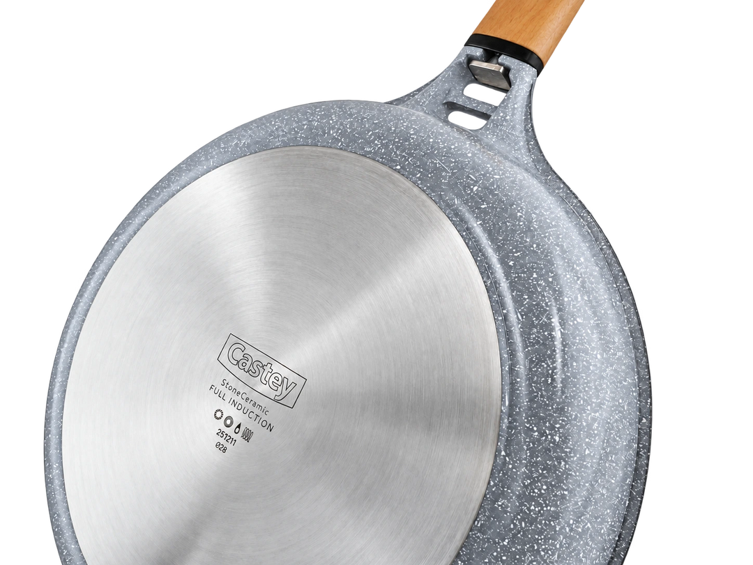 CASTEY Cast Aluminium Frying Pan STONE CERAMIC 28 cm PFAS-Free Removable Wooden Handle Induction
