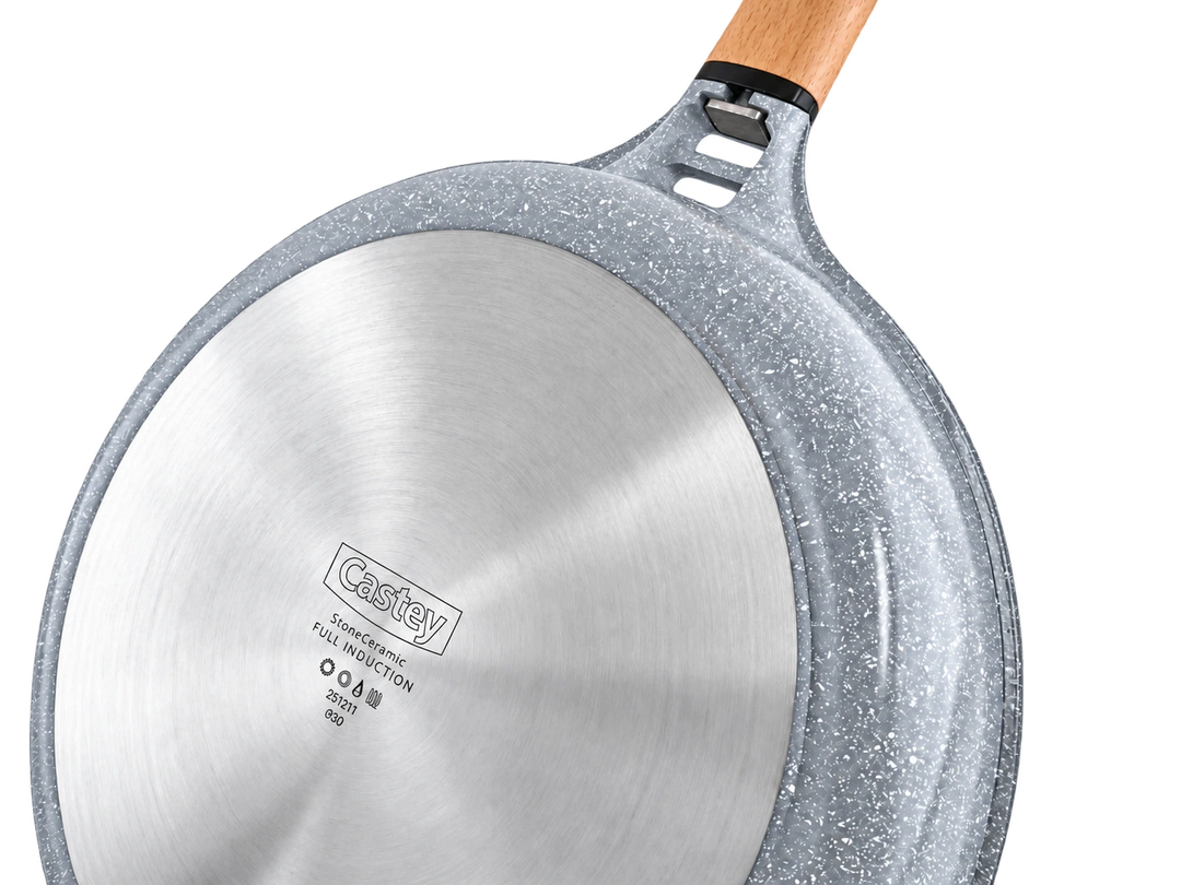 CASTEY Poêle en fonte d’aluminium STONE CERAMIC 30 cm sans PFAS poignée amovible en bois induction