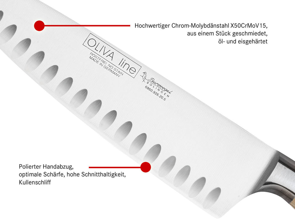 BURGVOGEL Solingen Kochmesser Kullenschliff OLIVA LINE 20 cm geschmiedet Holzgriff